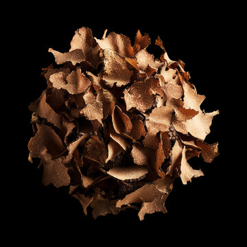 Black truffle shaving macro isolated on black background with clipping path, presenting concept of luxury gourmet food and cuisine