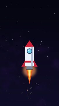 Pixel art rocket flying through starry galaxy, loop animation motion graphic