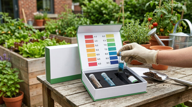 Professional urban garden ph test kit with color chart and soil samples on wooden workbench in lush outdoor vegetable garden area.