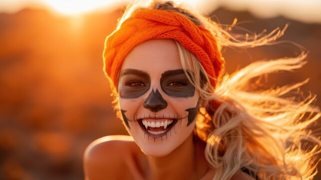 Smiling Woman with Skull Face Paint and Vampire Fangs at Sunset