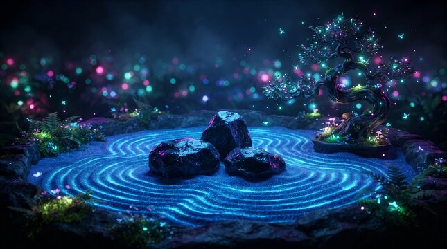 Enchanting zen garden features a glowing bonsai tree surrounded by radiant neon blue sand ripples and dark wet stones set in a magical fantasy atmosphere
