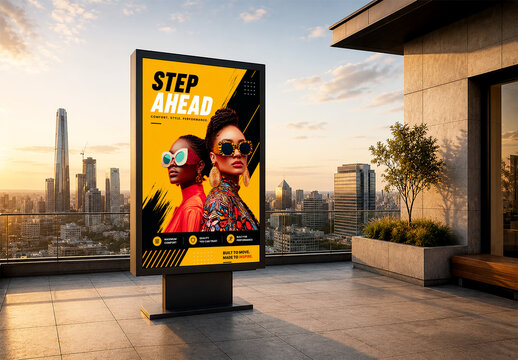 Realistic Vertical Billboard Mockup on Modern City Rooftop Terrace