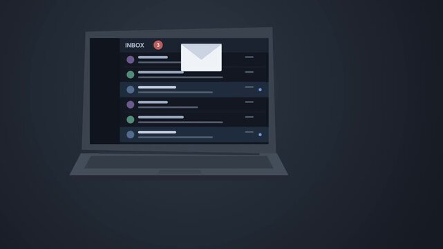Animation of new email notification popping up on laptop screen, digital communication concept