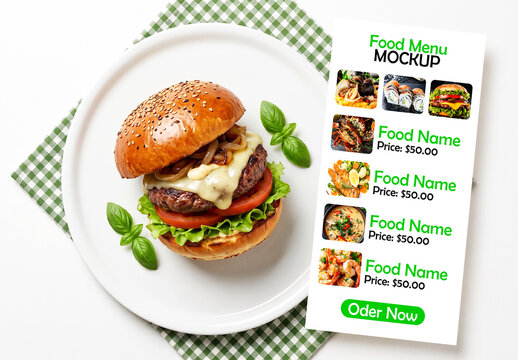 Restaurant Food Menu Card Mockup with Burger Plate