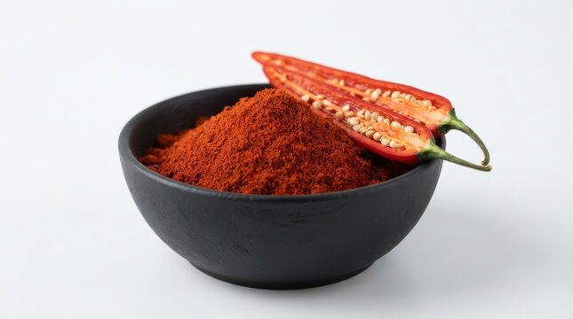 Paprika powder in black bowl with chili pepper isolated on white background