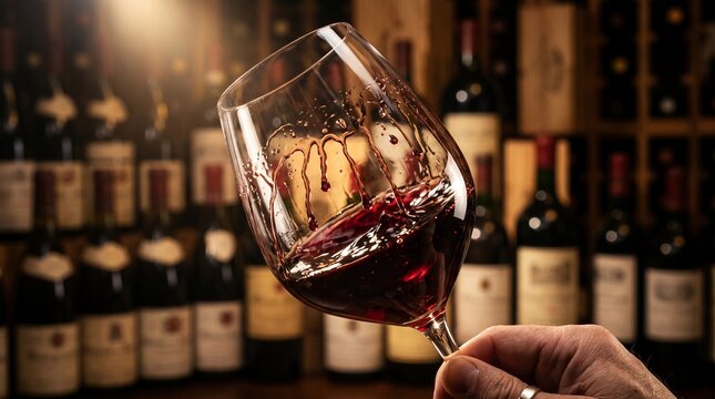 Elegant glass of deep red wine swirling in a hand against a blurry background of aged wooden wine racks inside a dark and rustic cellar