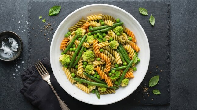 Pasta salad with fusilli, green beans, and romanesco broccoli in a white bowl
