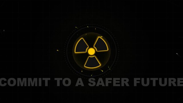 Glowing yellow nuclear radiation symbol on a black background with the text commit to a safer future in a dark modern style