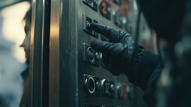 Close-Up of Finger Pressing Elevator Button in Thriller Scene