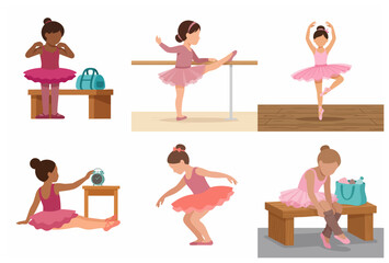 Vector illustration set of little girls practicing ballet, dancing in tutus, stretching at the barre, and preparing in the locker room. © kacang