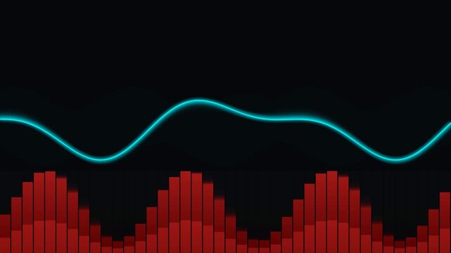 Abstract digital music equalizer background with red bars and glowing blue wave line
