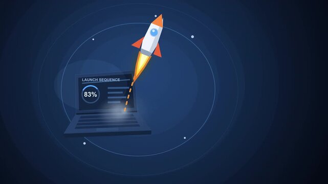 Pixel art rocket launching from laptop screen animation, representing startup business growth and digital innovation
