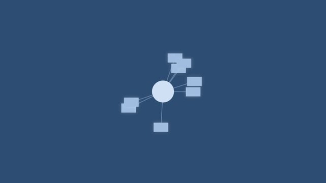 Central circle node with connecting lines and rectangular boxes in a simple network diagram design on a solid dark blue background