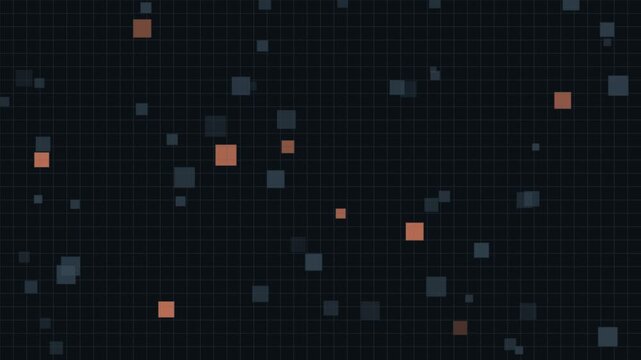 Abstract digital background with floating dark blue and orange square particles on a dark grid texture
