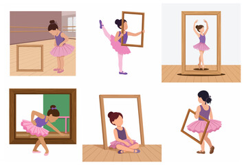 Cute little girl ballerina illustrations set posing with wooden frames in ballet studio