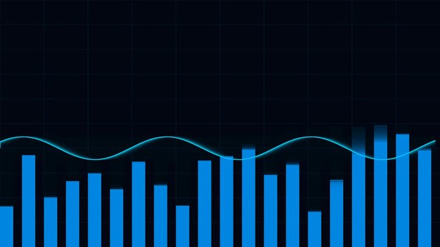 Blue bar chart and glowing wave line on a dark grid background for financial data analysis and business growth reporting