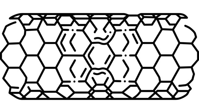Carbon nanotube vector illustration showcasing intricate hexagonal lattice molecular structures in a clean black and white minimalist geometric line design