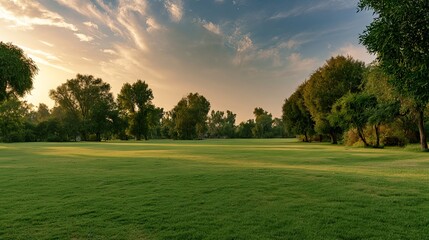 Fototapeta premium Lush green meadow stretches toward distant trees under a vibrant sunset sky, evoking tranquility and offering a serene landscape ideal for representing peaceful outdoor retreats