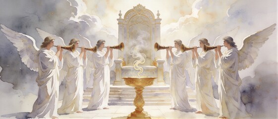 Fototapeta premium Angels with trumpets standing before a golden throne in heaven. Biblical apocalypse scene from Revelation with divine light and incense. Banner with copy space