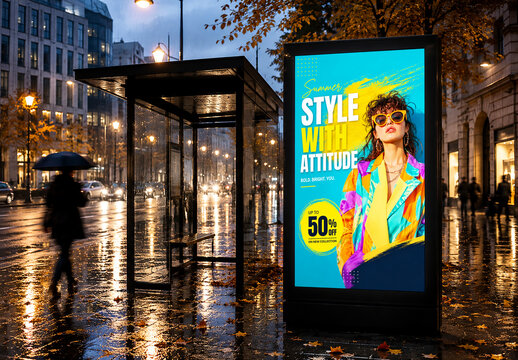 Vertical Billboard Mockup at Rainy City Bus Stop