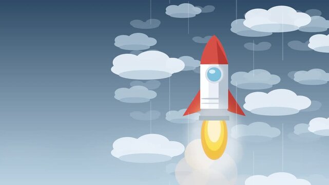 Animated rocket launch ascending through pixelated clouds, space exploration and startup motion graphic
