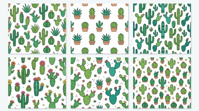 a set of six seamless vector patterns featuring cute green cacti on a white background