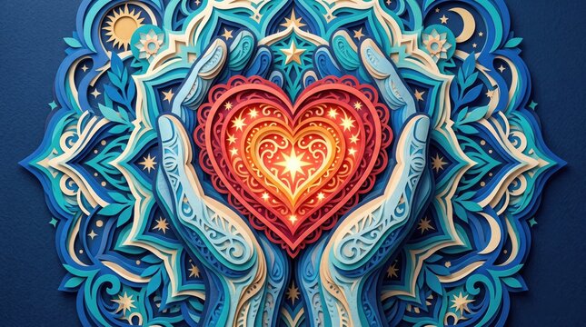 Hands holding glowing red heart with mandala pattern for international day of charity love support concept