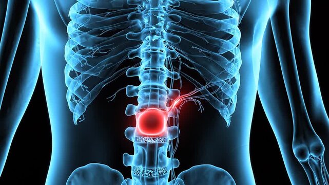 3D Medical Animation of Lumbar Disc Herniation and Nerve Root Compression on Human Spinal Column in Blue Background