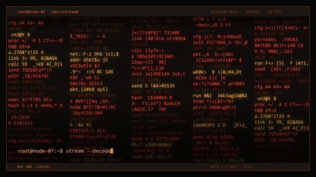Glowing rust code scrolling on computer terminal screen, data stream animation, digital technology background