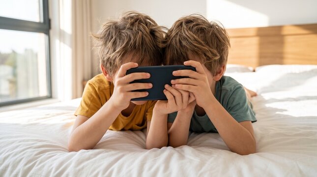 Two boys enjoying a mobile gaming session while lying together on a wooden floor