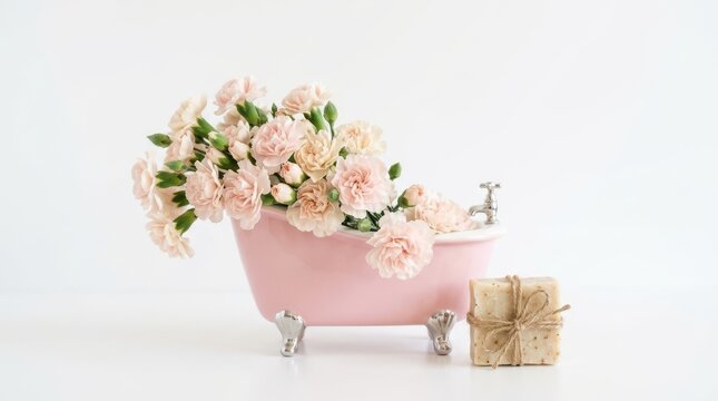 Pink bathtub filled with carnations and a bar of soap isolated on white background