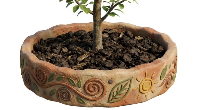 Small tree planted in decorative clay pot with watering ring for healthy growth and gardening care