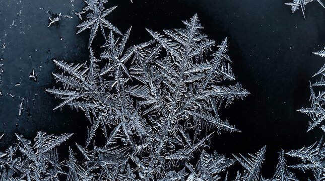 Close up of intricate frost crystals on a dark window pane