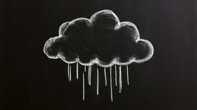 Chalk drawing shows a dark cloud with rain lines falling down on a blackboard. This rustic artwork adds a creative touch to the atmosphere.