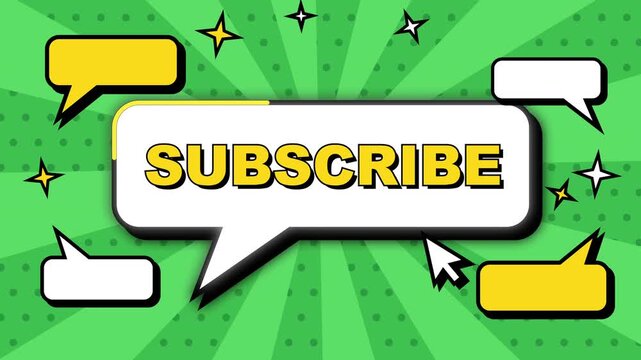 Subscribe animated motion graphic with pop art comic speech bubbles on green sunburst background