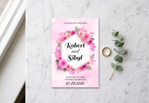 Wedding Invitation Card Mockup on Light Marble