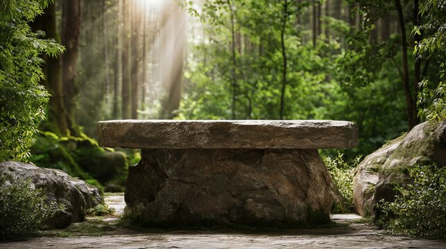 Ancient stone bench nestled within a lush forest, illuminated by sunbeams filtering through the canopy, evoking a sense of serenity and timelessness for nature retreats