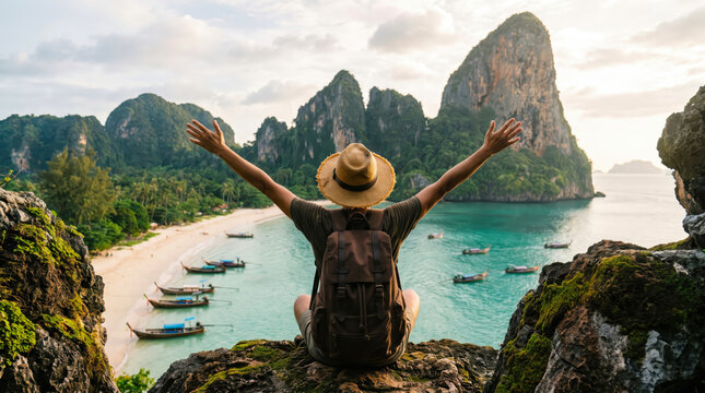 A happy traveler sits on a rocky cliff overlooking the beautiful Railay Beach in Thailand with their arms raised towards the horizon