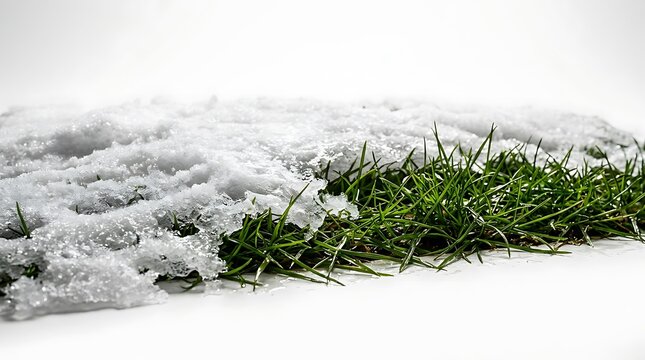 Fresh green grass blades poking through white melting snow