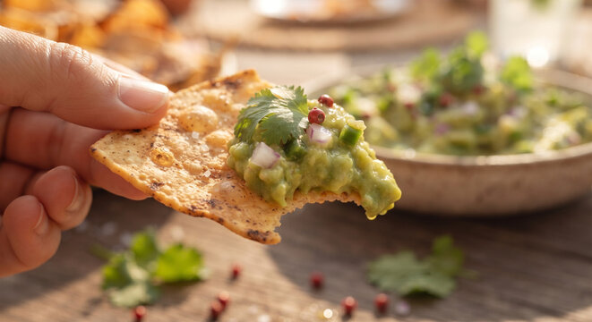 A focus-stacked, mouth-watering image capturing a bite taken of a totopo loaded with chunky guacamole, highlighting the satisfying crunch of the chip against the smooth, creamy dip.