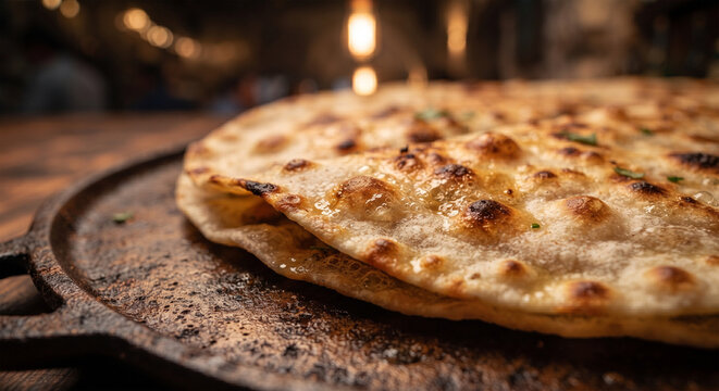 &nbsp;A hyper-realistic macro photograph focusing on the blistered, golden-brown surface of a folded tortilla cooked on a hot cast-iron comal, showing light oil bubbles and crisp charred spots.