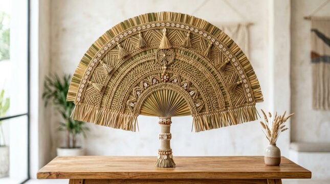 Bohemian style decorative fan lamp with natural straw and shells for home decor.