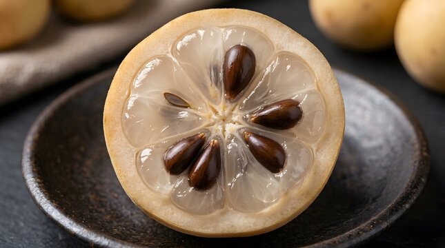 Cross Section of a Fresh Lansium Domesticum Tropical Fruit Showing Translucent Pulp and Dark Seeds on a Dark Plate