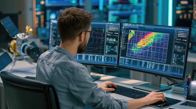 Aerospace Engineer Analyzing Satellite Data in Control Room