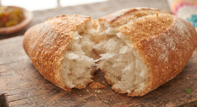 A hyper-realistic macro photograph focusing on the golden, crackly crust of a freshly baked bolillo roll, showing the contrast between the crisp exterior and the soft, fluffy crumb inside.