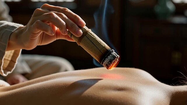 Close up of traditional Chinese moxibustion therapy with burning moxa stick held over patient bare back