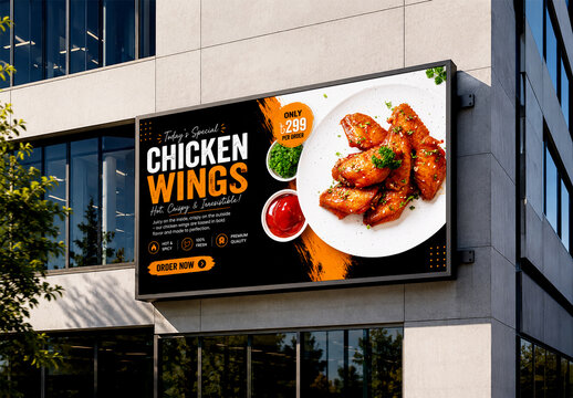 Horizontal Food Advertisement Billboard Mockup on Modern Building Exterior