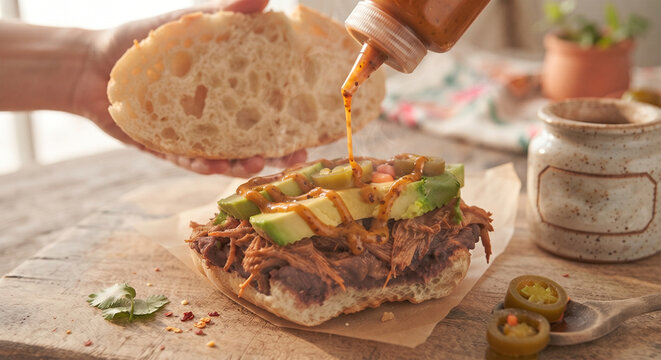 &nbsp;A dynamic action shot of a rich, smoky chipotle crema being drizzled over the open interior of a bolillo roll before the top bun is placed on the sandwich.
