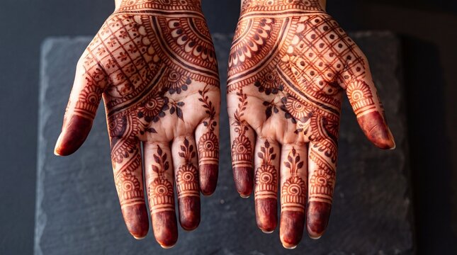 Traditional Pakistani mehndi henna hands with intricate patterns top view macro