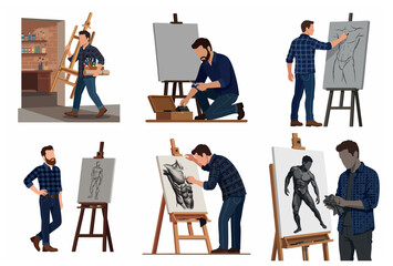 Fototapeta premium Flat Vector Set of Male Artist Character Illustrating Human Anatomy on Canvas with Easel